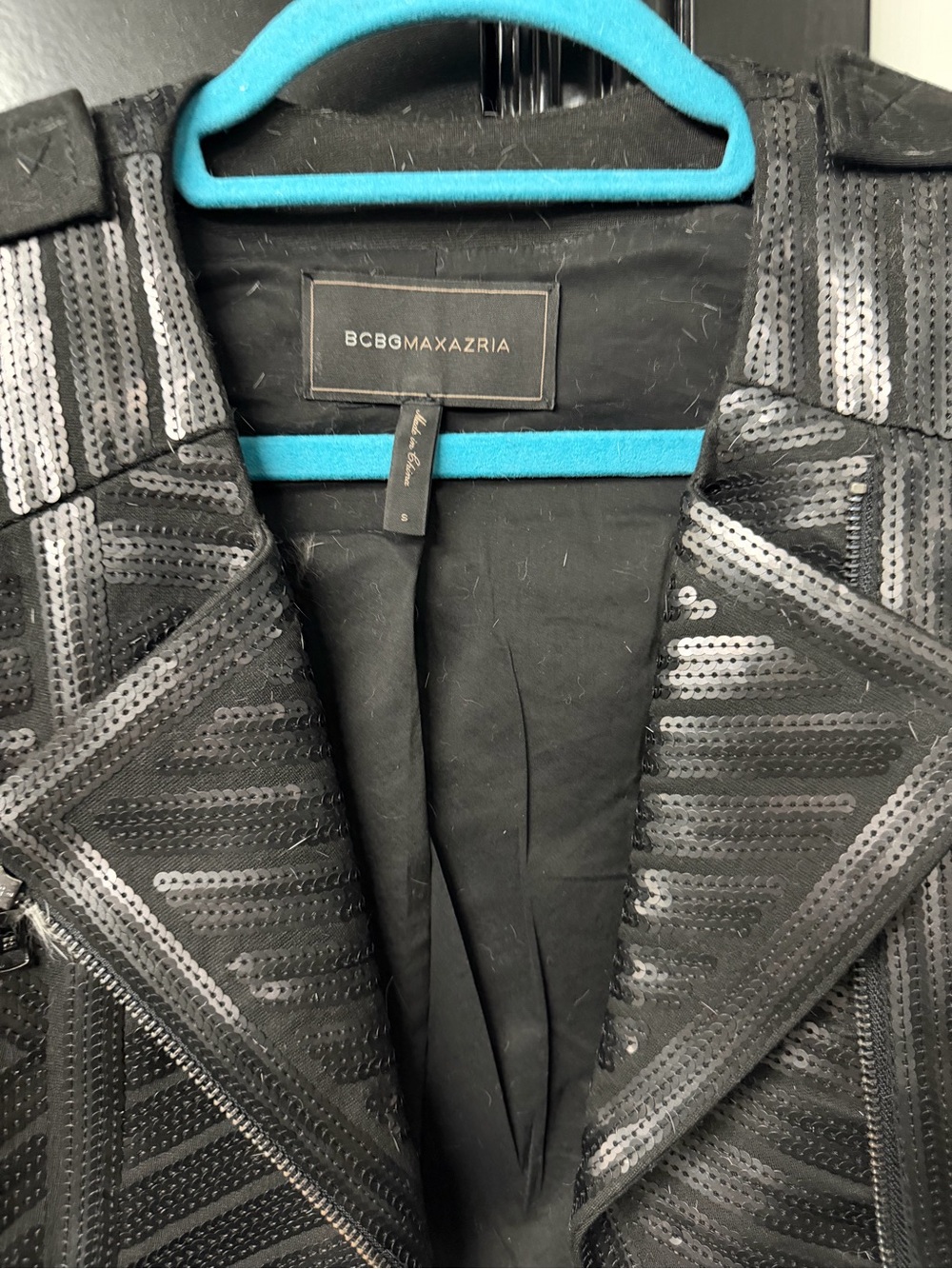 BCBGMAXAZRIA Black Sequin Moto Jacket Geometric Zip Crop Blazer Small - Picture 3 of 5